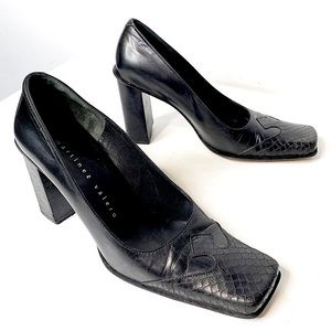 Vintage | Martinez Valero Square Toe Leather Sole Snakeskin Embossed Heels